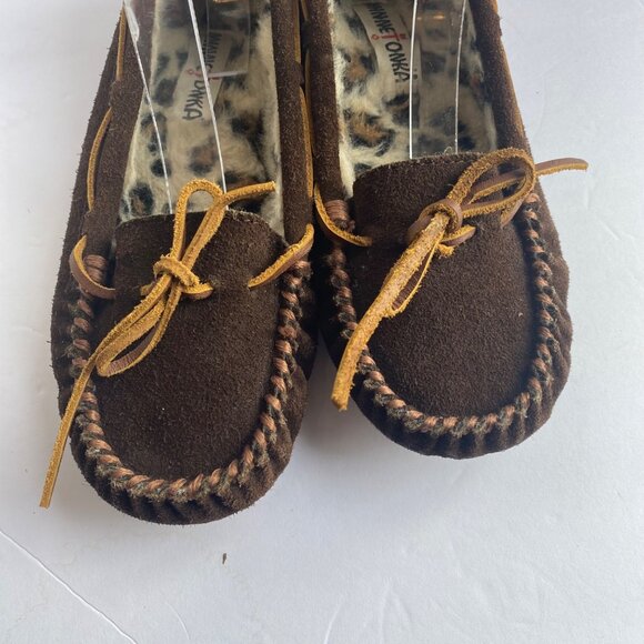 Minnetonka Brown Suede Leather Moccasin Slippers Women Size 8 Faux Fur Lining - Picture 4 of 9